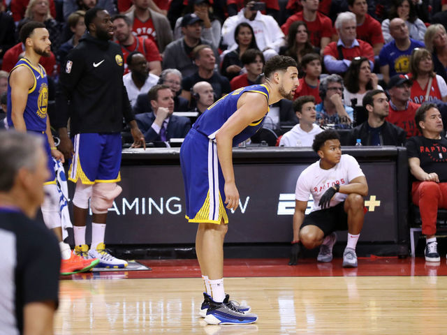 TORONTO, CANADA - JUNE 2: Klay Thompson #11 of the Golden State Warriors looks on during Game Two of the NBA Finals on June 2, 2019 at Scotiabank Arena in Toronto, Ontario, Canada. NOTE TO USER: User expressly acknowledges and agrees that, by downloading and/or using this photograph, user is consenting to the terms and conditions of the Getty Images License Agreement. Mandatory Copyright Notice: Copyright 2019 NBAE