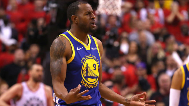 TORONTO, ONTARIO - JUNE 02: Andre Iguodala #9 of the Golden State Warriors celebrates a basket late in the game against the Toronto Raptors during Game Two of the 2019 NBA Finals at Scotiabank Arena on June 02, 2019 in Toronto, Canada.