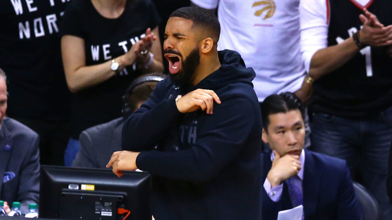 TORONTO, ONTARIO - JUNE 02: Drake reacts in the second half during Game Two of the 2019 NBA Finals between the Golden State Warriors and the Toronto Raptors at Scotiabank Arena on June 02, 2019 in Toronto, Canada.