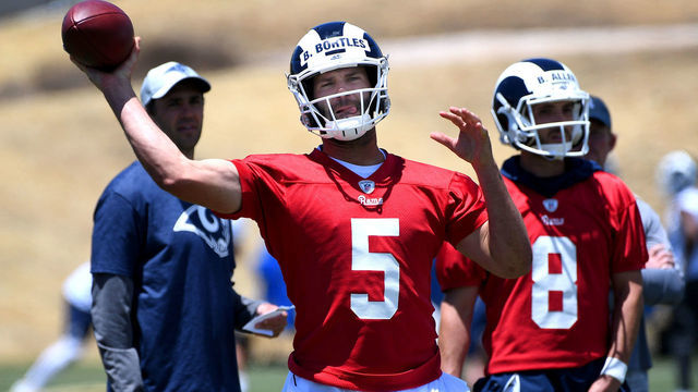 THOUSAND OAKS, CA - MAY 20: Blake Bortles #5 of the Los Angeles Rams runs drills during the first day of Organized Team Activities (OTAs) at the team's practice facility located at California Lutheran University on May 20, 2019 in Thousand Oaks, California.