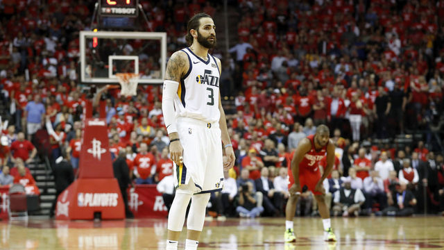 HOUSTON, TX - APRIL 24: Ricky Rubio #3 of the Utah Jazz reacts in the fourth quarter during Game Five of the first round of the 2019 NBA Western Conference Playoffs between the Houston Rockets and the Utah Jazz at Toyota Center on April 24, 2019 in Houston, Texas.