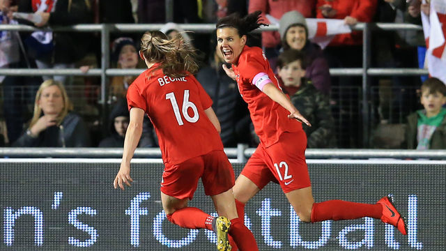 5th April 2019, Academy Stadium, Manchester, England; Womens International football friendly, England versus Canada; Christine Sinclair of Canada celebrates after scoring to give her side a 0-1 lead after 83 minutes