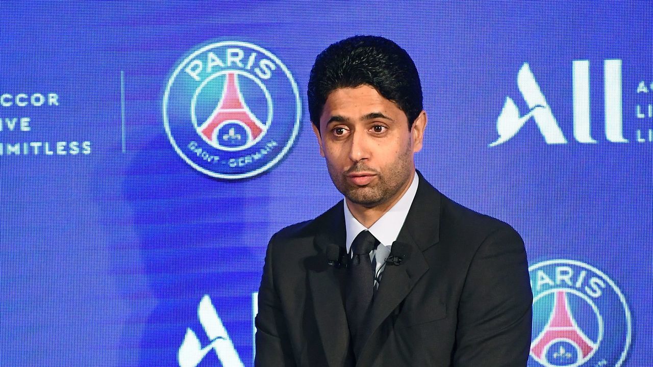 Paris Saint-Germain's Qatari president Nasser Al-Khelaifi gives a press conference with Chairman and CEO of French hotel operator AccorHotels to announce new shirt sponsorship deal with the French multinational Accor at the Parc des Princes stadium in Paris on February 22, 2019. - PSG will wear on their shirts the logo of ALL, the loyalty program of Accor, one of the largest hotel chains in the world and whose headquarters are located just outside Paris.