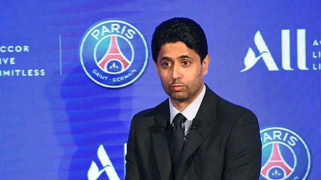 Paris Saint-Germain's Qatari president Nasser Al-Khelaifi gives a press conference with Chairman and CEO of French hotel operator AccorHotels to announce new shirt sponsorship deal with the French multinational Accor at the Parc des Princes stadium in Paris on February 22, 2019. - PSG will wear on their shirts the logo of ALL, the loyalty program of Accor, one of the largest hotel chains in the world and whose headquarters are located just outside Paris.