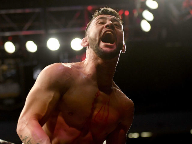 LAS VEGAS, CA - MARCH 02: Pedro Munhoz reacts after defeating Cody Garbrandt via first round TKO during UFC 235 at the T-Mobile Arena in Las Vegas, NV, Saturday, Mar. 2, 2019.