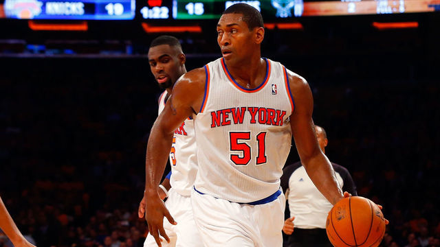 NEW YORK, NY - OCTOBER 30: (NEW YORK DAILIES OUT) Metta World Peace #51 of the New York Knicks in action against the Milwaukee Bucks at Madison Square Garden on October 30, 2013 in New York City. The Knicks defeated the Bucks 90-83. NOTE TO USER: User expressly acknowledges and agrees that, by downloading and/or using this Photograph, user is consenting to the terms and conditions of the Getty Images License Agreement.