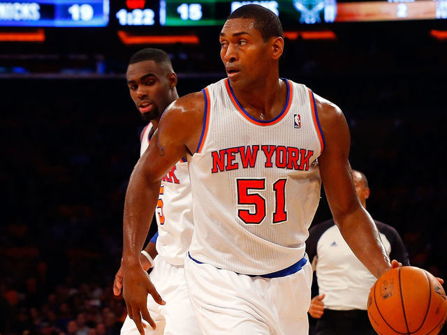 NEW YORK, NY - OCTOBER 30: (NEW YORK DAILIES OUT) Metta World Peace #51 of the New York Knicks in action against the Milwaukee Bucks at Madison Square Garden on October 30, 2013 in New York City. The Knicks defeated the Bucks 90-83. NOTE TO USER: User expressly acknowledges and agrees that, by downloading and/or using this Photograph, user is consenting to the terms and conditions of the Getty Images License Agreement.