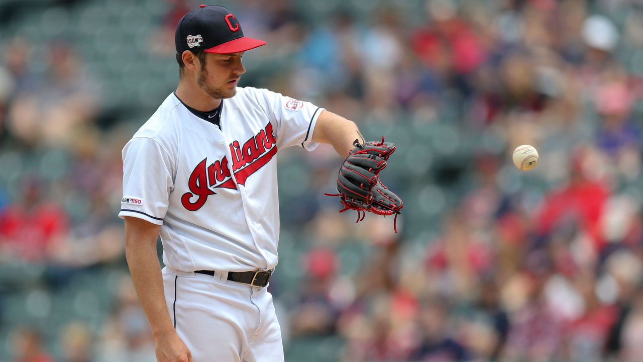 CLEVELAND, OH - MAY 26: Cleveland Indians starting pitcher Trevor Bauer (47) gets a new baseball after allowing a home run during the first inning of the Major League Baseball game between the Tampa Bay Rays and Cleveland Indians on May 26, 2019, at Progressive Field in Cleveland, OH.