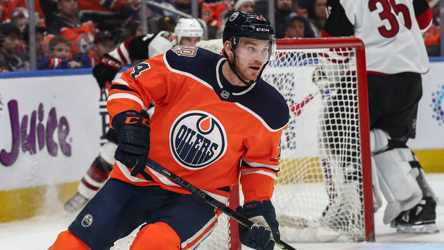 EDMONTON, AB - FEBRUARY 19: Edmonton Oilers Left Wing Brad Malone (24) in action in the first period during the Edmonton Oilers game versus the Arizona Coyotes on February 19, 2019 at Rogers Place in Edmonton, AB.