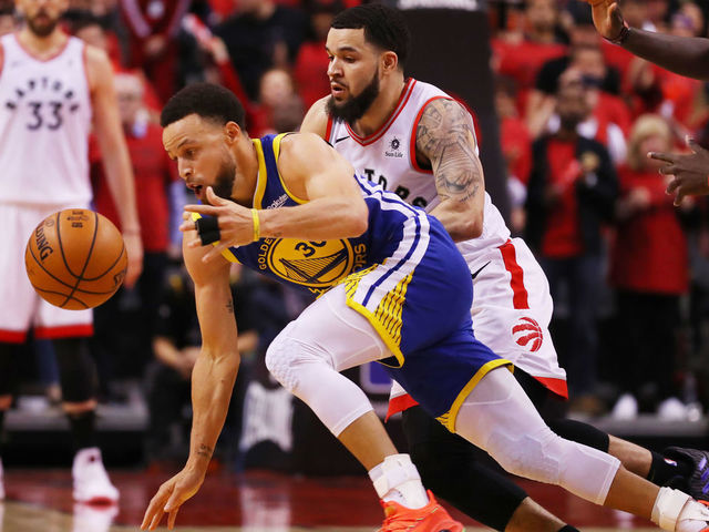 TORONTO, ONTARIO - JUNE 02: Stephen Curry #30 of the Golden State Warriors is defended by Fred VanVleet #23 of the Toronto Raptors in the second half during Game Two of the 2019 NBA Finals at Scotiabank Arena on June 02, 2019 in Toronto, Canada.