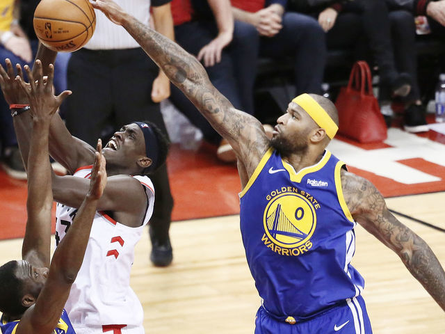 TORONTO, CANADA - JUNE 2: DeMarcus Cousins #0 of the Golden State Warriors blocks the shot against Pascal Siakam #43 of the Toronto Raptors during Game Two of the NBA Finals on June 2, 2019 at Scotiabank Arena in Toronto, Ontario, Canada. NOTE TO USER: User expressly acknowledges and agrees that, by downloading and/or using this photograph, user is consenting to the terms and conditions of the Getty Images License Agreement. Mandatory Copyright Notice: Copyright 2019 NBAE