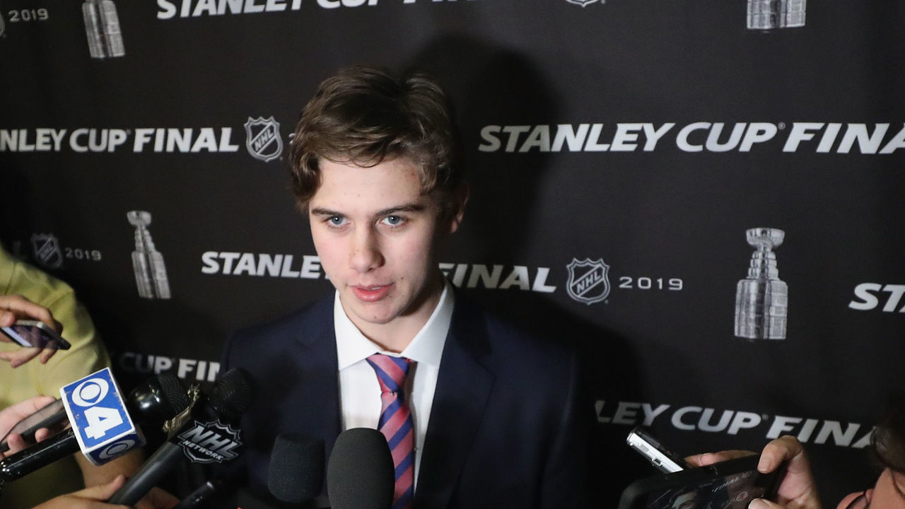 ST LOUIS, MISSOURI - JUNE 03: National Hockey League prospect Jack Hughes speaks with the media at Enterprise Center on June 03, 2019 in St Louis, Missouri.