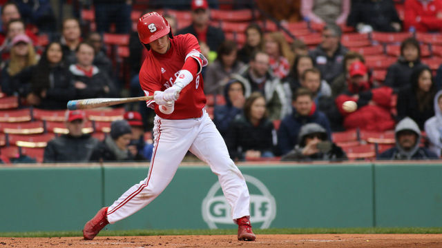 BOSTON, MA - APRIL 22: Will Wilson of NC State bats during a game between the North Carolina State Wolfpack and the Boston College Eagles on April 22, 2017, at Fenway Park, Boston, MA.