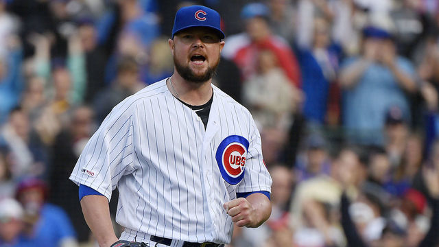CHICAGO, ILLINOIS - JUNE 03: Jon Lester #34 of the Chicago Cubs reacts after the seventh inning against the Los Angeles Angels at Wrigley Field on June 03, 2019 in Chicago, Illinois.