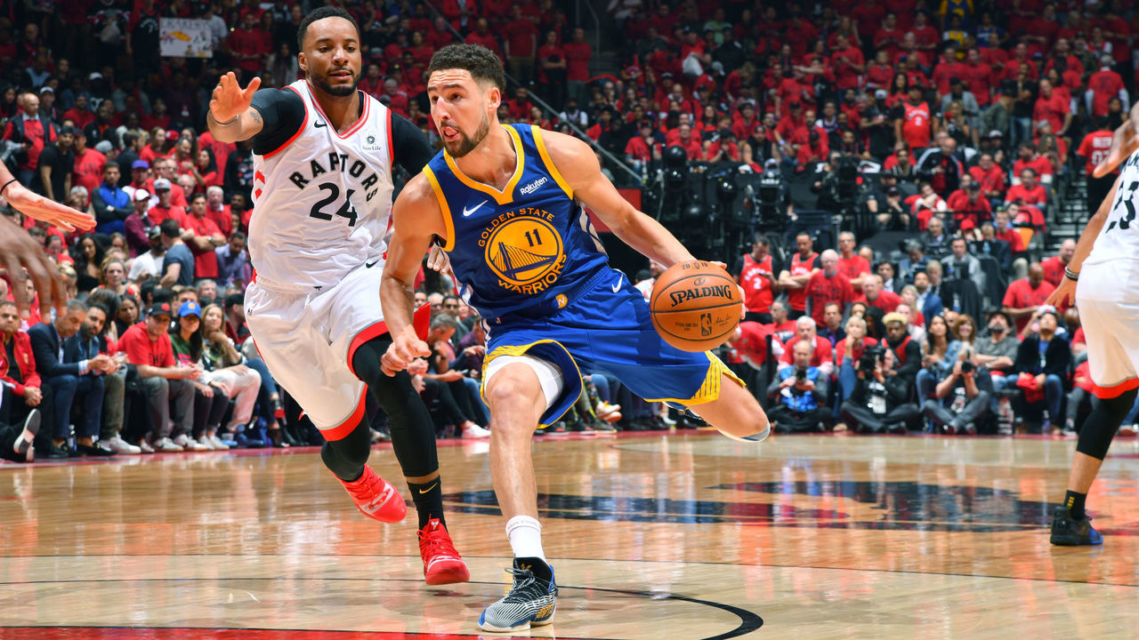 TORONTO, CANADA - JUNE 2: Klay Thompson #11 of the Golden State Warriors handles the ball against the Toronto Raptors during Game Two of the NBA Finals on June 2, 2019 at Scotiabank Arena in Toronto, Ontario, Canada. NOTE TO USER: User expressly acknowledges and agrees that, by downloading and/or using this photograph, user is consenting to the terms and conditions of the Getty Images License Agreement. Mandatory Copyright Notice: Copyright 2019 NBAE