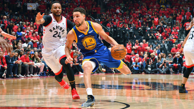 TORONTO, CANADA - JUNE 2: Klay Thompson #11 of the Golden State Warriors handles the ball against the Toronto Raptors during Game Two of the NBA Finals on June 2, 2019 at Scotiabank Arena in Toronto, Ontario, Canada. NOTE TO USER: User expressly acknowledges and agrees that, by downloading and/or using this photograph, user is consenting to the terms and conditions of the Getty Images License Agreement. Mandatory Copyright Notice: Copyright 2019 NBAE