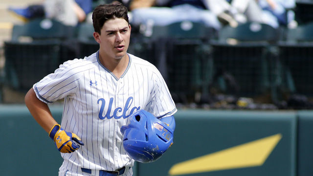 LOS ANGELES, CALIFORNIA - MAY 19: Michael Toglia #7 of UCLA looks to the dugout following his home run during a baseball game against University of Washington at Jackie Robinson Stadium on May 19, 2019 in Los Angeles, California.