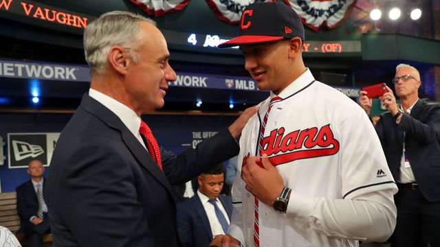 SECAUCUS, NJ - JUNE 03: Daniel Espino shakes hands with Major League Baseball Commissioner Robert D. Manfred Jr. after being selected 24th overall by the Cleveland Indians during the 2019 Major League Baseball Draft at Studio 42 at the MLB Network on Monday, June 3, 2019 in Secaucus, New Jersey.