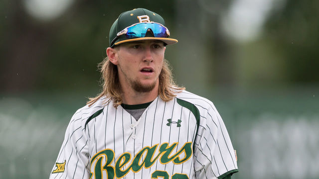 HOUSTON, TX - JUNE 02: Baylor Bears infielder Davis Wendzel (33) looks to the dugout for instructions during the Houston Regional baseball game between the Baylor Bears and Texas A&M Aggies on June 2, 2017 at Schroeder Park in Houston, Texas.