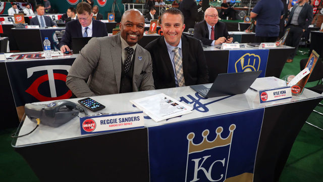 SECAUCUS, NJ - JUNE 03: Kansas City Royals team reps Reggie Sanders and Kyle Vena pose for a photo prior to the 2019 Major League Baseball Draft at Studio 42 at the MLB Network on Monday, June 3, 2019 in Secaucus, New Jersey.