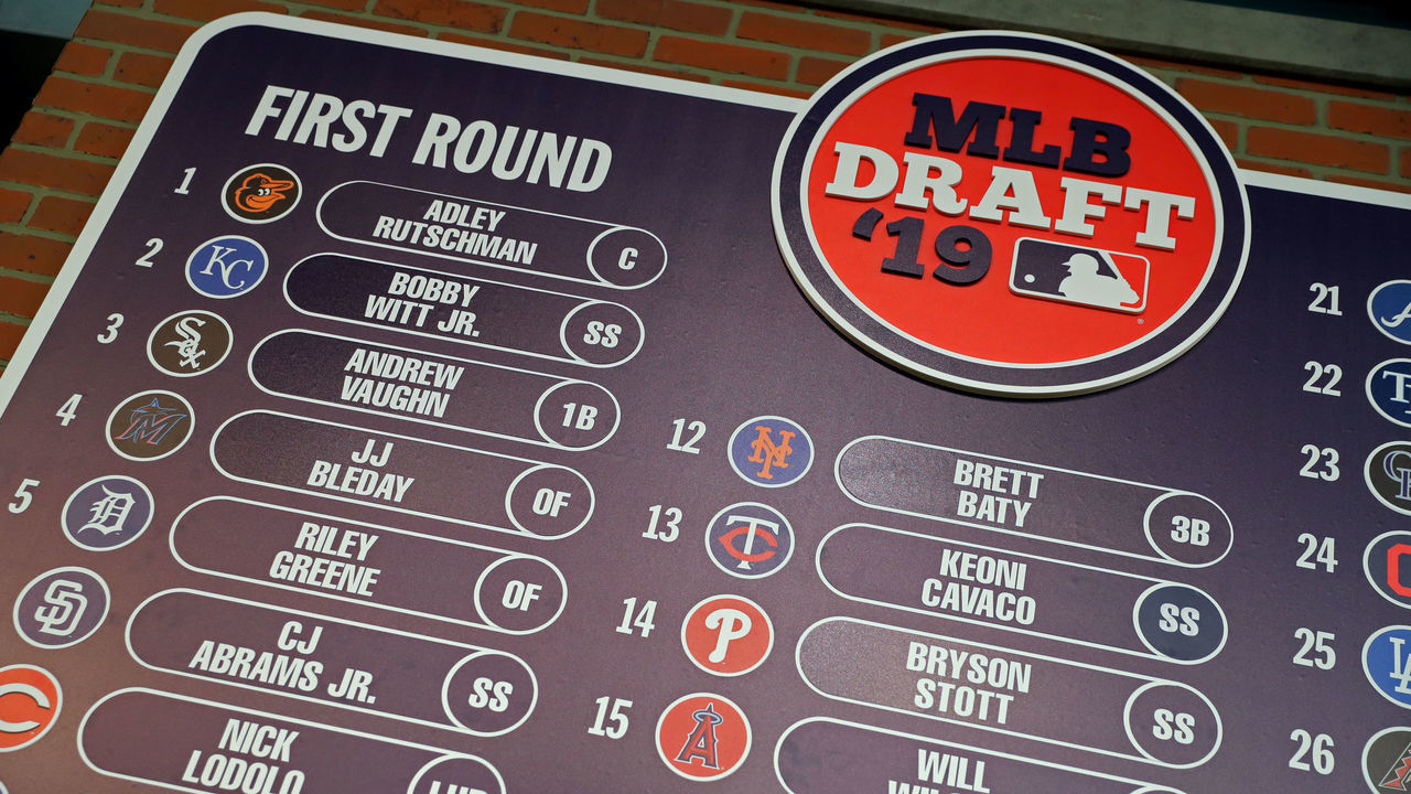 SECAUCUS, NJ - JUNE 03: A detail shot of the first round draft board during the 2019 Major League Baseball Draft at Studio 42 at the MLB Network on Monday, June 3, 2019 in Secaucus, New Jersey.
