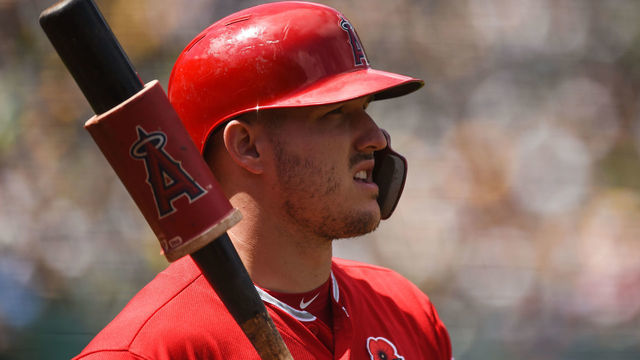 OAKLAND, CA - MAY 27: Los Angeles Angels center fielder Mike Trout (27) warms up in the on deck circle during the Major League Baseball game between the Los Angeles Angels and the Oakland Athletics at the Oakland-Alameda County Coliseum on May 27, 2019 in Oakland, CA.