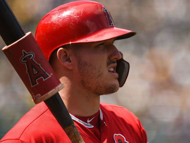 OAKLAND, CA - MAY 27: Los Angeles Angels center fielder Mike Trout (27) warms up in the on deck circle during the Major League Baseball game between the Los Angeles Angels and the Oakland Athletics at the Oakland-Alameda County Coliseum on May 27, 2019 in Oakland, CA.