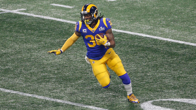 ATLANTA, GEORGIA - FEBRUARY 03: Todd Gurley II #30 of the Los Angeles Rams rushes against the New England Patriots during Super Bowl LIII at Mercedes-Benz Stadium on February 03, 2019 in Atlanta, Georgia.