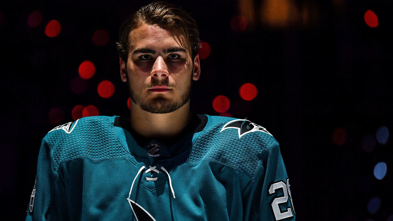 SAN JOSE, CA - APRIL 28: Timo Meier #28 of the San Jose Sharks stands for the National Anthem against the Colorado Avalanche in Game Two of the Western Conference Second Round during the 2019 NHL Stanley Cup Playoffs at SAP Center on April 28, 2019 in San Jose, California