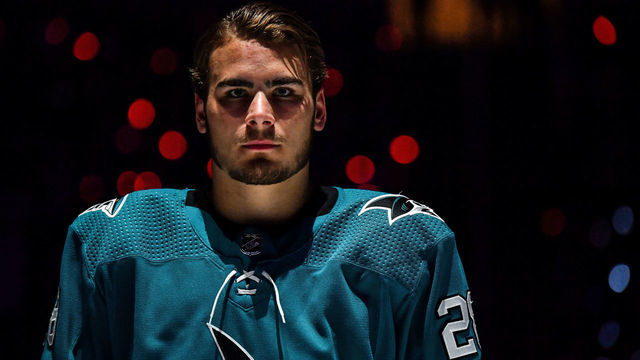 SAN JOSE, CA - APRIL 28: Timo Meier #28 of the San Jose Sharks stands for the National Anthem against the Colorado Avalanche in Game Two of the Western Conference Second Round during the 2019 NHL Stanley Cup Playoffs at SAP Center on April 28, 2019 in San Jose, California