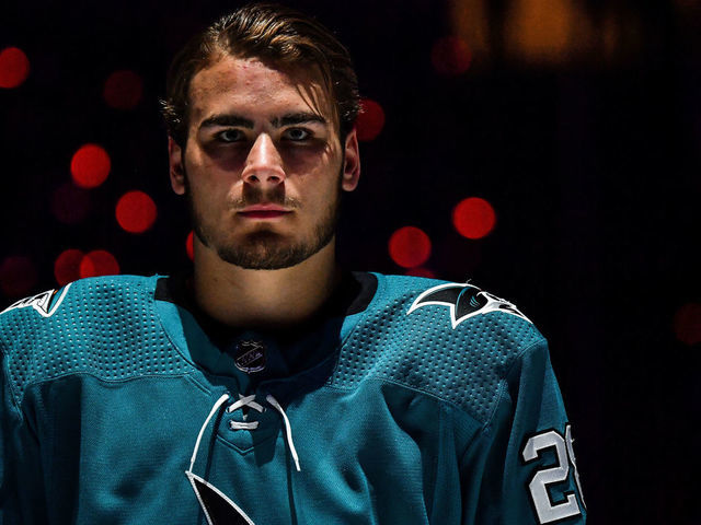 SAN JOSE, CA - APRIL 28: Timo Meier #28 of the San Jose Sharks stands for the National Anthem against the Colorado Avalanche in Game Two of the Western Conference Second Round during the 2019 NHL Stanley Cup Playoffs at SAP Center on April 28, 2019 in San Jose, California