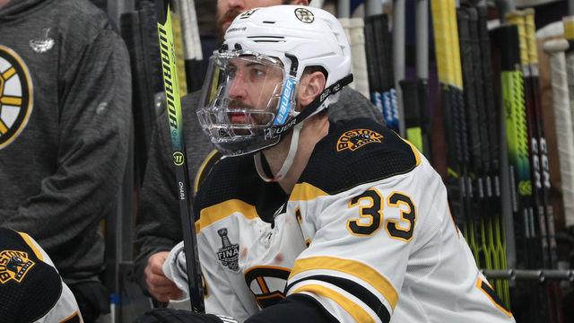 ST LOUIS, MISSOURI - JUNE 03: Zdeno Chara #33 of the Boston Bruins watches the game from the bench after being injured in the second period of Game Four of the 2019 NHL Stanley Cup Final against the St. Louis Blues at Enterprise Center on June 03, 2019 in St Louis, Missouri.