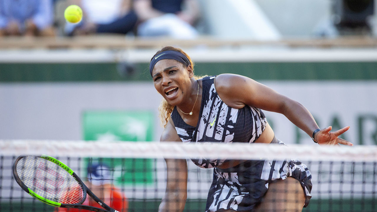 PARIS, FRANCE June 01. Serena Williams of the United States in action against Sofia Kenin of the United States during the Women's Singles third round match on Court Philippe-Chatrier at the 2019 French Open Tennis Tournament at Roland Garros on June 1st 2019 in Paris, France.