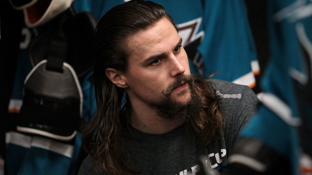 SAN JOSE, CA - MAY 19: Erik Karlsson #65 of the San Jose Sharks prepares to take the ice for warmups against the St. Louis Blues in Game Five of the Western Conference Final during the 2019 NHL Stanley Cup Playoffs at SAP Center on May 19, 2019 in San Jose, California