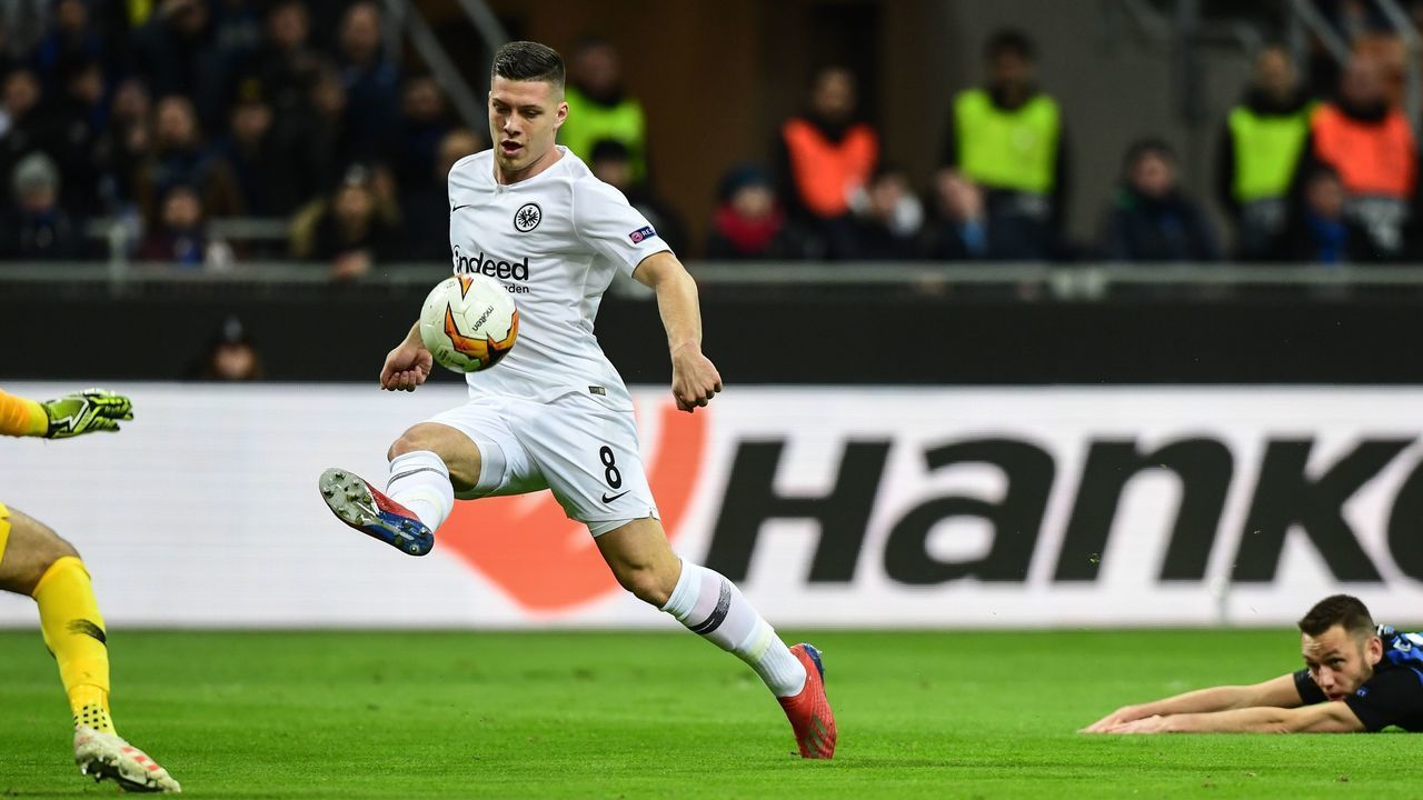 Eintracht Frankfurt's Serbian forward Luka Jovic kicks the ball to open the scoring during the UEFA Europa League round of 16 second leg football match Inter Milan vs Eintracht Frankfurt on March 14, 2019 at the San Siro stadium in Milan.