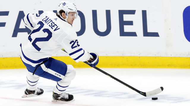 BOSTON, MA - APRIL 19: Toronto Maple Leafs defenseman Nikita Zaitsev (22) defends during Game 5 of the First Round Stanley Cup Playoffs between the Boston Bruins and the Toronto Maple Leafs on April 19, 2019, at TD garden in Boston, Massachusetts.