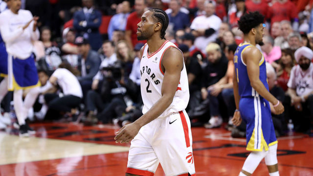 TORONTO, CANADA - JUNE 2: Kawhi Leonard #2 of the Toronto Raptors looks on during Game Two of the NBA Finals on June 2, 2019 at Scotiabank Arena in Toronto, Ontario, Canada. NOTE TO USER: User expressly acknowledges and agrees that, by downloading and/or using this photograph, user is consenting to the terms and conditions of the Getty Images License Agreement. Mandatory Copyright Notice: Copyright 2019 NBAE