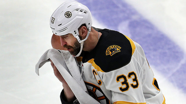 ST. LOUIS, MO - JUNE 3: Boston Bruins' Zdeno Chara leaves the ice with a bloody mouth after a hit in the second period. The St. Louis Blues host the Boston Bruins in Game 4 of the 2019 Stanley Cup Finals at the Enterprise Center in St. Louis, MO on June 3, 2019.