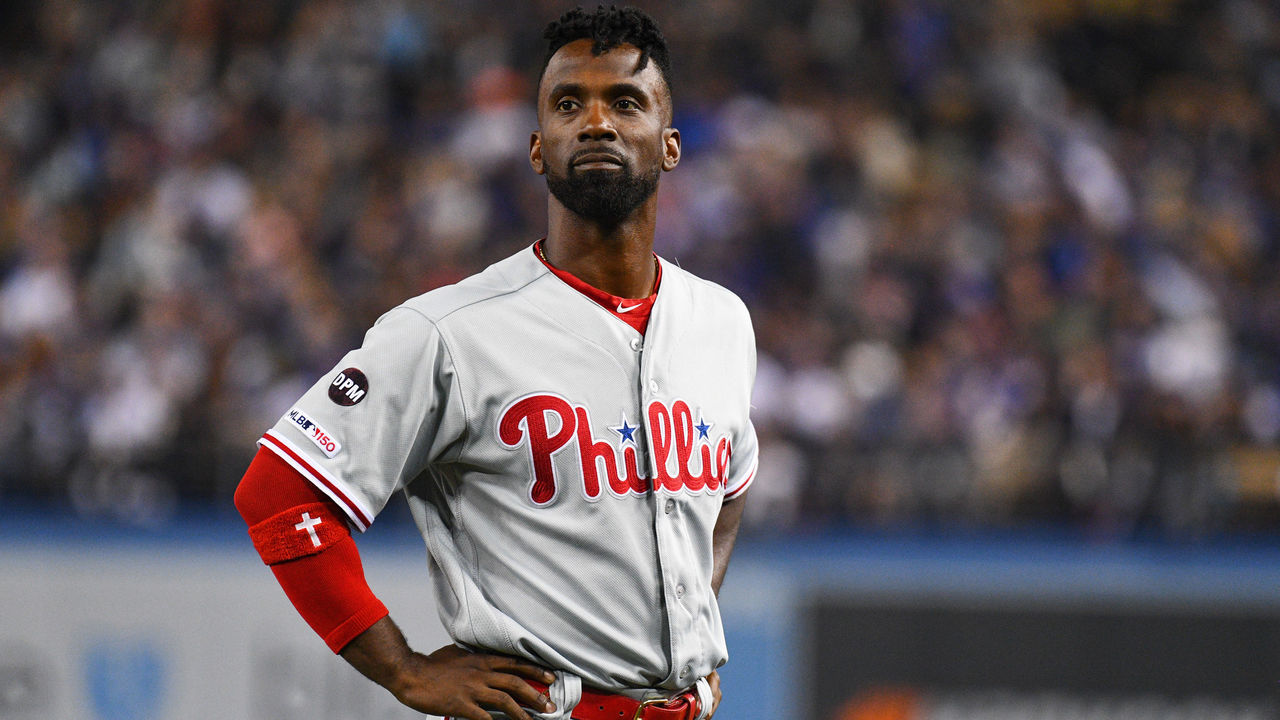 LOS ANGELES, CA - MAY 31: Philadelphia Phillies outfielder Andrew McCutchen (22) looks on during a MLB game between the Philadelphia Phillies and the Los Angeles Dodgers on May 31, 2019 at Dodger Stadium in Los Angeles, CA.