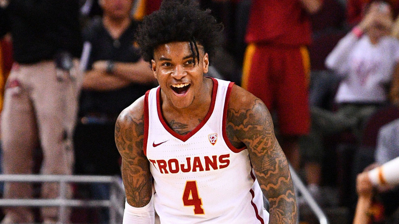 LOS ANGELES, CA - FEBRUARY 23: USC guard Kevin Porter Jr. (4) celebrates a basket during a college basketball game between the Oregon State Beavers and the USC Trojans on February 23, 2019 at Galen Center in Los Angeles, CA.