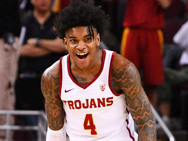 LOS ANGELES, CA - FEBRUARY 23: USC guard Kevin Porter Jr. (4) celebrates a basket during a college basketball game between the Oregon State Beavers and the USC Trojans on February 23, 2019 at Galen Center in Los Angeles, CA.