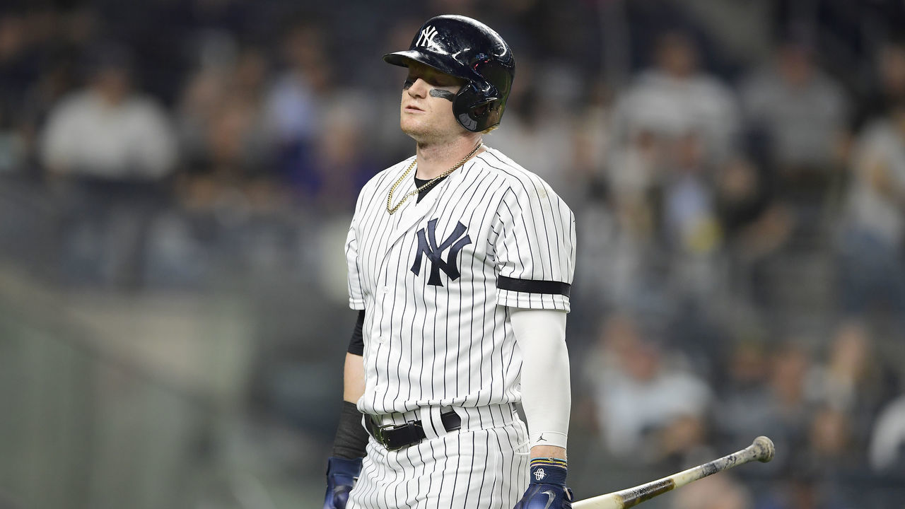 NEW YORK, NEW YORK - MAY 17: Clint Frazier #77 of the New York Yankees reacts against the Tampa Bay Rays at Yankee Stadium on May 17, 2019 in New York City.