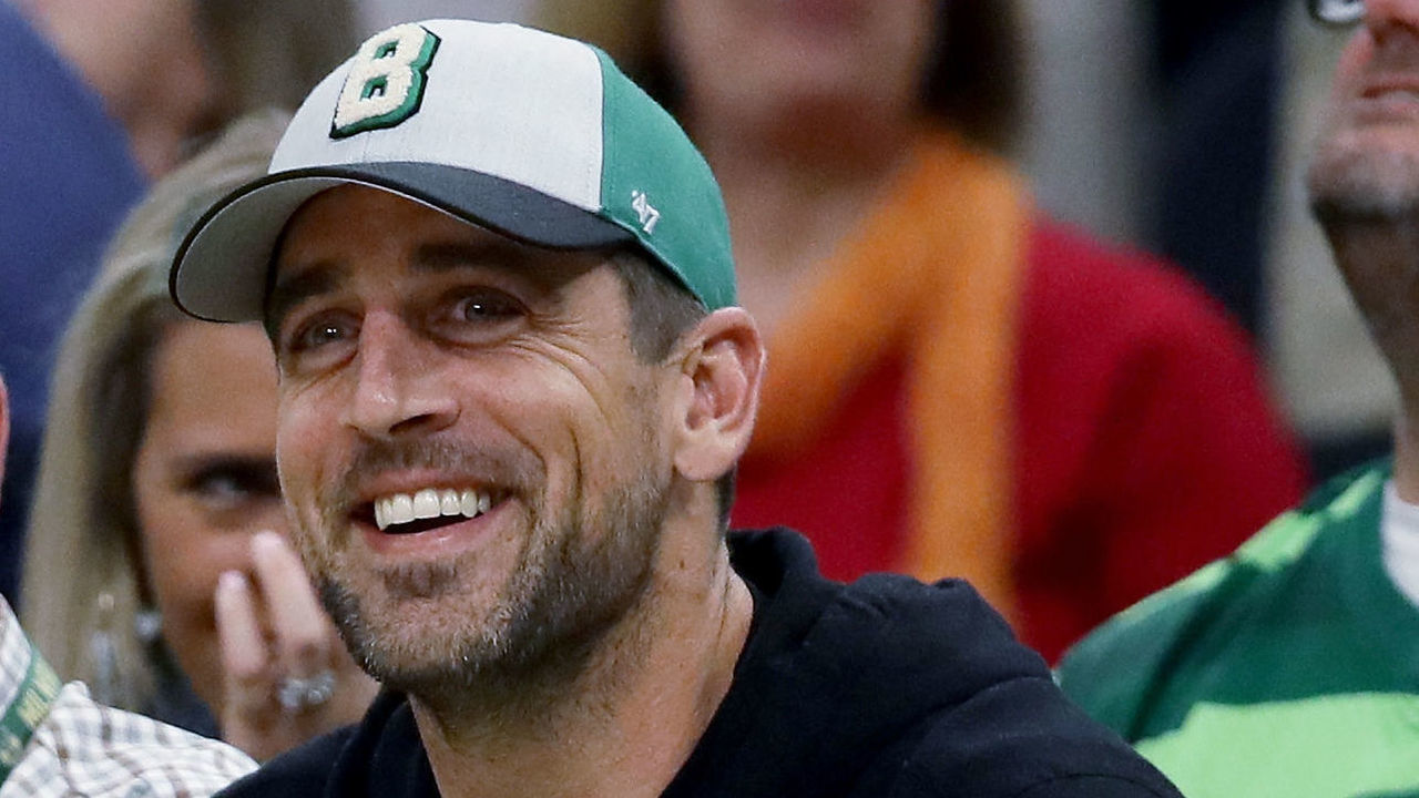 MILWAUKEE, WISCONSIN - MAY 23: Aaron Rodgers of the Green Bay Packers looks on during Game Five of the Eastern Conference Finals of the 2019 NBA Playoffs between the Toronto Raptors and Milwaukee Bucks at the Fiserv Forum on May 23, 2019 in Milwaukee, Wisconsin.