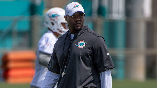 DAVIE, FL - MAY 14: Head coach Brian Flores of the Miami Dolphins coaching during OTAs at Baptist Health Training Facility at Nova Southern University on May 14, 2019 in Davie, Florida.