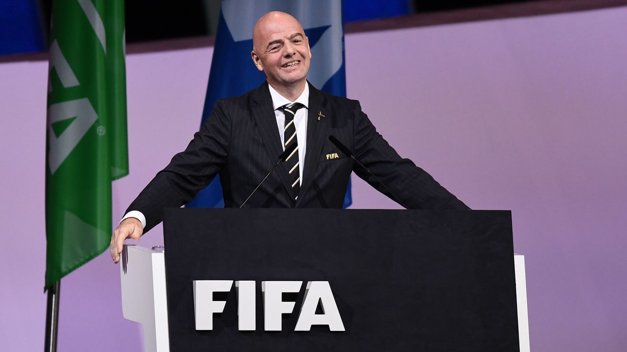 FIFA President Gianni Infantino delivers a speech at the 69th FIFA Congress at Paris Expo, Porte de Versailles in Paris on June 5, 2019. - Infantino was re-elected by acclamation for a second term on June 5, 2019. The 49 year-old, who took charge of FIFA in February 2016 after the departure of the disgraced Sepp Blatter, stood unopposed for re-election for a new four-year term which will run until 2023.