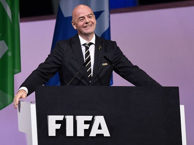 FIFA President Gianni Infantino delivers a speech at the 69th FIFA Congress at Paris Expo, Porte de Versailles in Paris on June 5, 2019. - Infantino was re-elected by acclamation for a second term on June 5, 2019. The 49 year-old, who took charge of FIFA in February 2016 after the departure of the disgraced Sepp Blatter, stood unopposed for re-election for a new four-year term which will run until 2023.