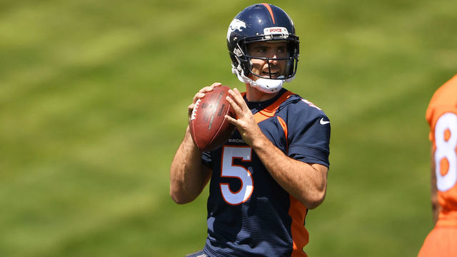 ENGLEWOOD, CO - MAY 13: Denver Broncos quarterback Joe Flacco #5 getting off passes on the first day of practice at UCHealth Training Center on May 13, 2019 in Englewood, Colorado.