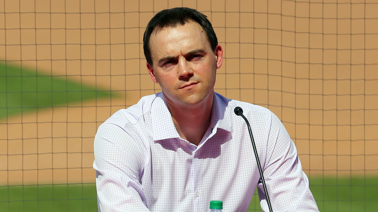 CLEARWATER, FL - MARCH 02: Phillies Vice President & General Manager Matt Klentak listens to the question from a media member during the press conference to introduce Bryce Harper to the media and the fans of the Philadelphia Phillies on March 02, 2019 at the Spectrum Field in Clearwater, Florida.