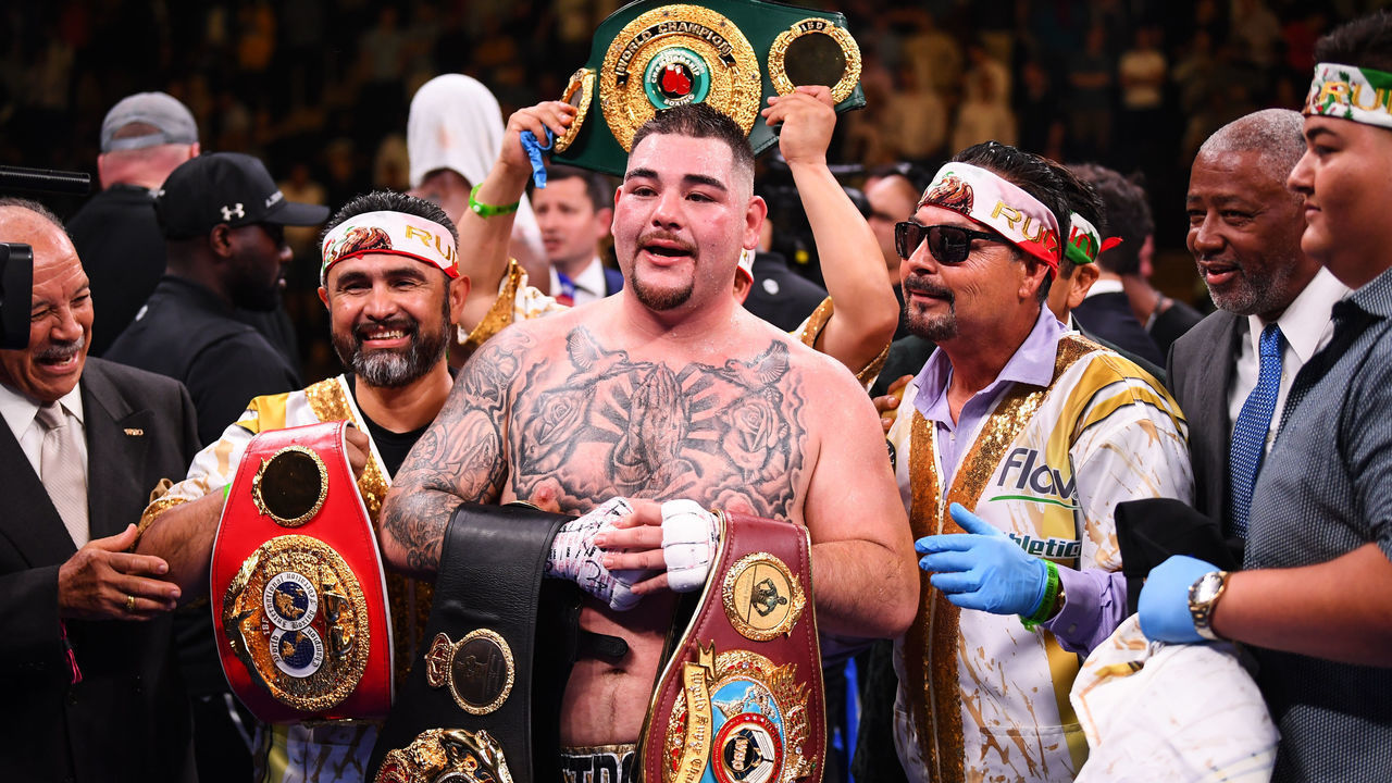 NEW YORK , United States - 1 June 2019; Andy Ruiz Jr celebrates after his IBF, WBA, WBO & IBO World Heavyweight Championship fight with Anthony Joshua at Madison Square Garden in New York, USA.