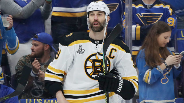 ST LOUIS, MISSOURI - JUNE 01: Zdeno Chara #33 of the Boston Bruins warms up prior to Game Three of the 2019 NHL Stanley Cup Final against the St. Louis Blues at Enterprise Center on June 01, 2019 in St Louis, Missouri.